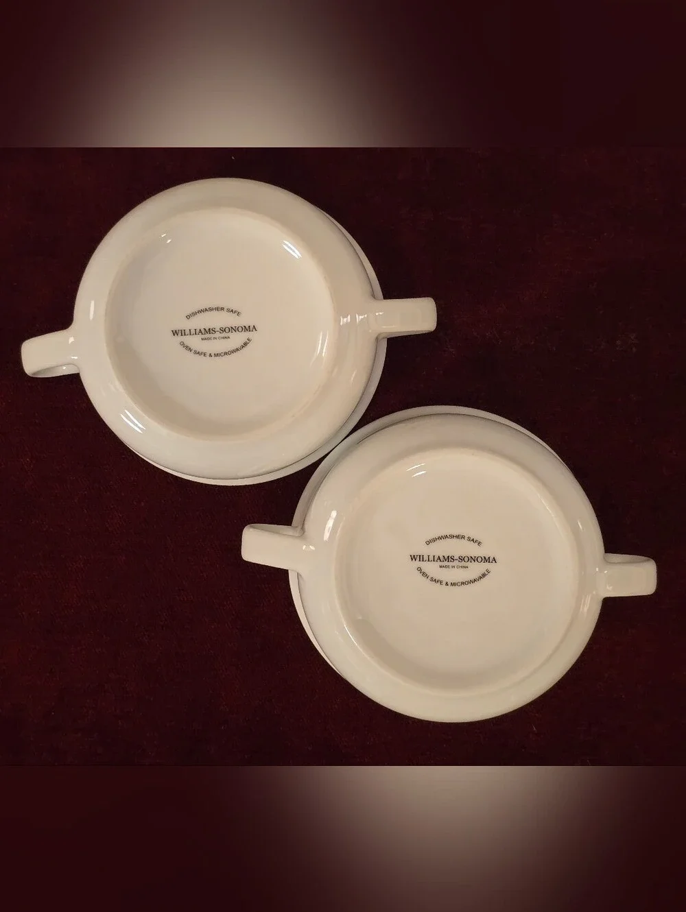 Williams Sonoma Essential White Cream Soup Bowls Double Handled Porcelain Set 2